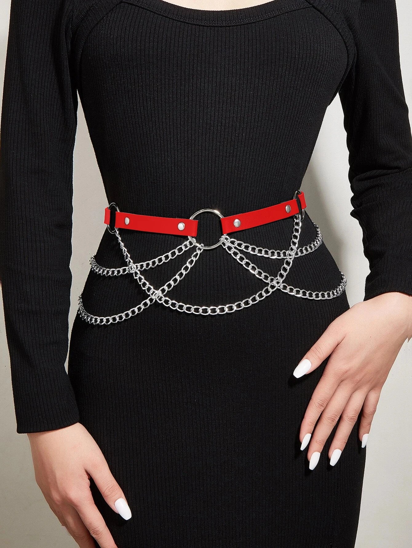Good - Gothic Chain Belt – Black PU Leather Waist Belt with Silver Chains & O - Ring - T&D Design & Sundry