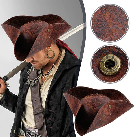 Good - Captain’s Tricorn Hat – Vintage Faux Leather Pirate Costume Hat - T&D Design & Sundry