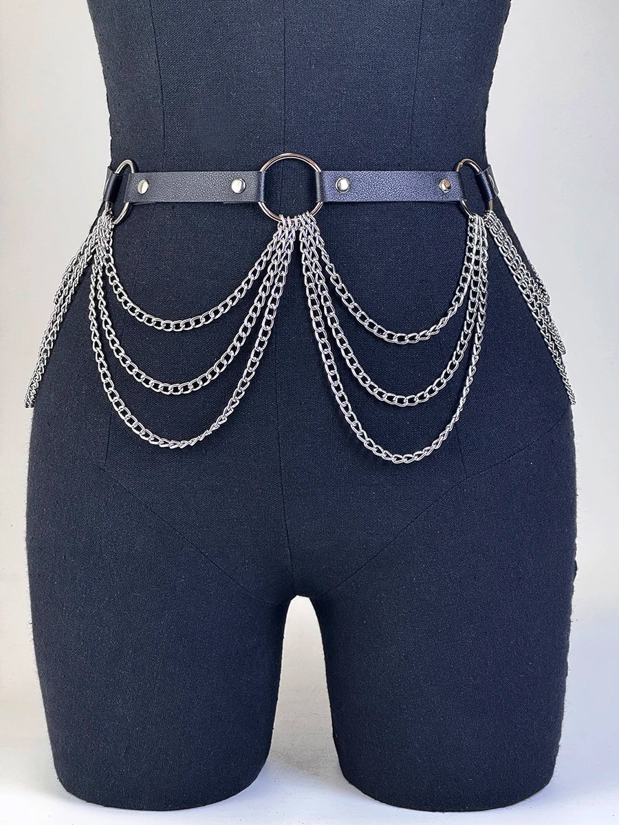 Good - Gothic Chain Belt – Black PU Leather Waist Belt with Silver Chains & O - Ring - T&D Design & Sundry