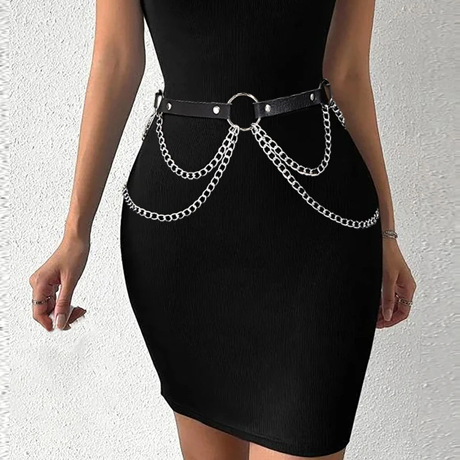 Good - Gothic Chain Belt – Black PU Leather Waist Belt with Silver Chains & O - Ring - T&D Design & Sundry