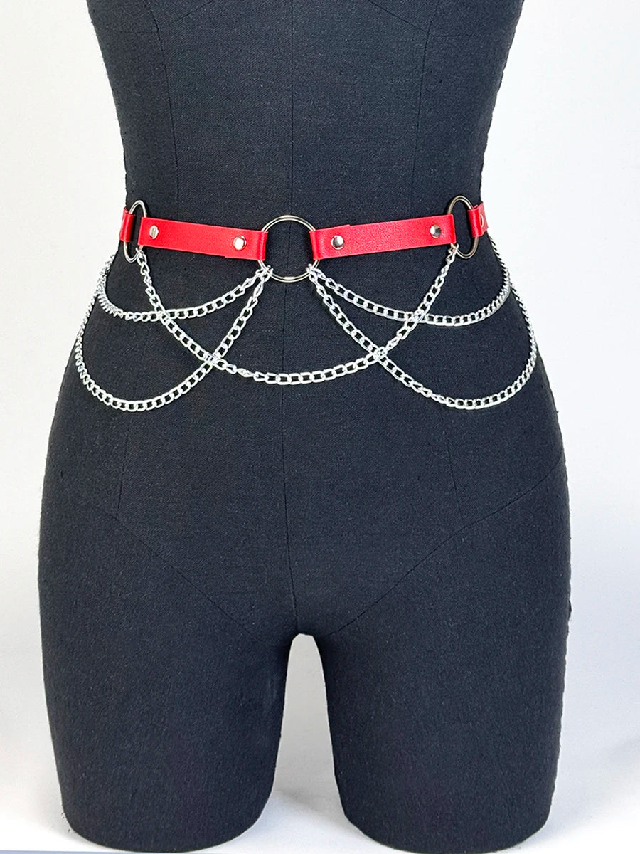 Good - Gothic Chain Belt – Black PU Leather Waist Belt with Silver Chains & O - Ring - T&D Design & Sundry