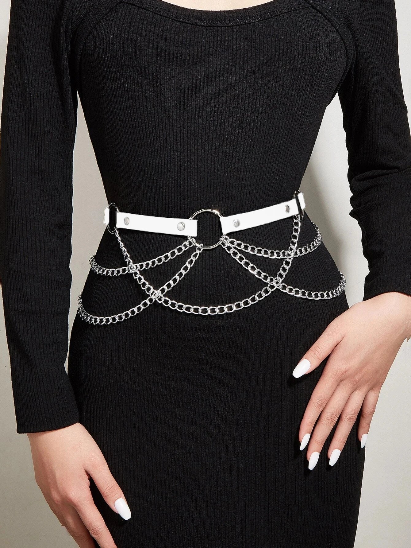 Good - Gothic Chain Belt – Black PU Leather Waist Belt with Silver Chains & O - Ring - T&D Design & Sundry