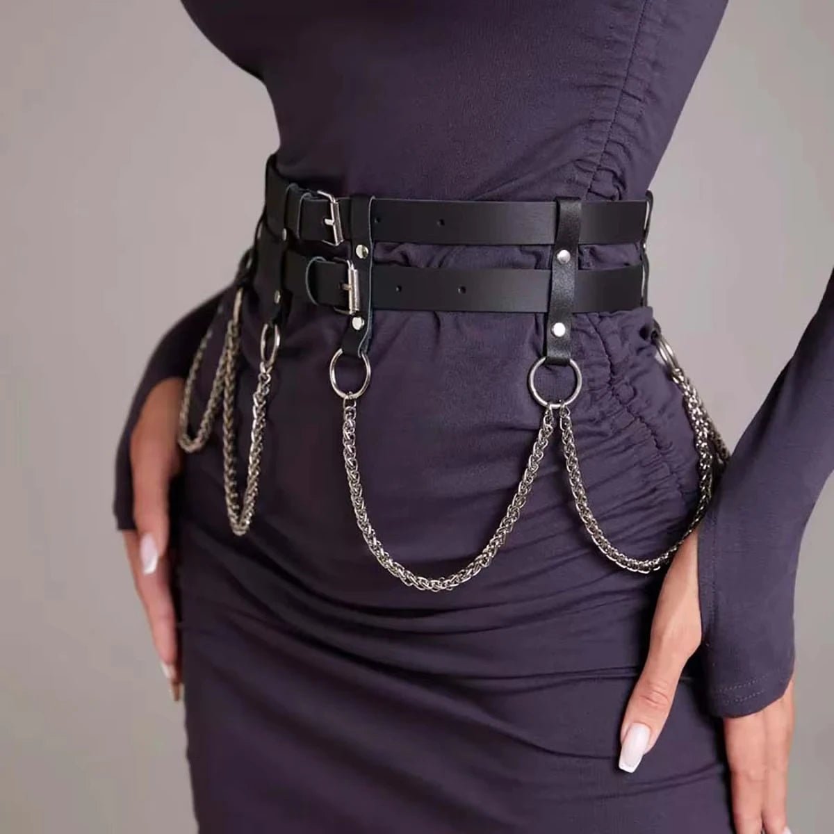 Good - Gothic Chain Belt – Black PU Leather Waist Belt with Silver Chains & O - Ring - T&D Design & Sundry