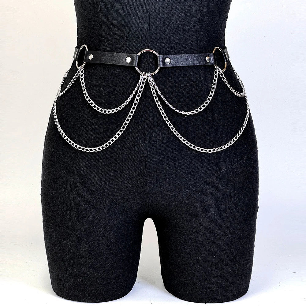 Good - Gothic Chain Belt – Black PU Leather Waist Belt with Silver Chains & O - Ring - T&D Design & Sundry