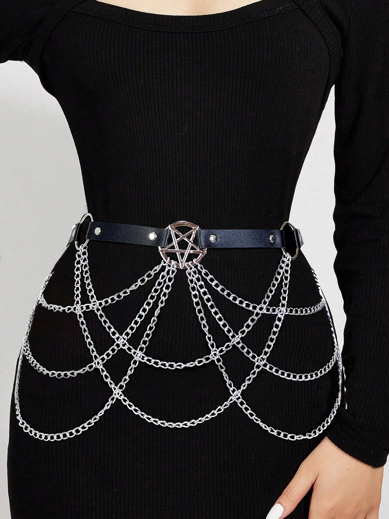 Good - Gothic Chain Belt – Black PU Leather Waist Belt with Silver Chains & O - Ring - T&D Design & Sundry