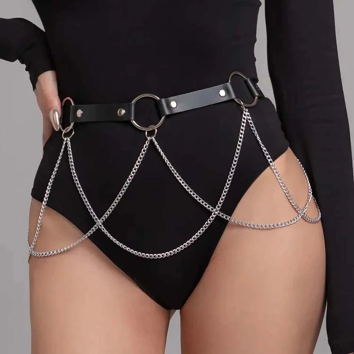 Good - Gothic Chain Belt – Black PU Leather Waist Belt with Silver Chains & O - Ring - T&D Design & Sundry