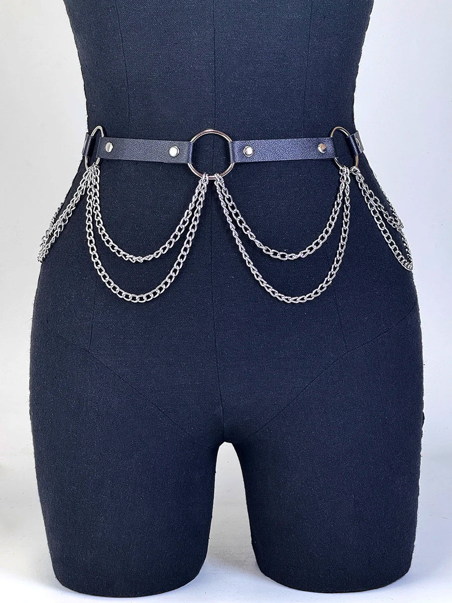 Good - Gothic Chain Belt – Black PU Leather Waist Belt with Silver Chains & O - Ring - T&D Design & Sundry